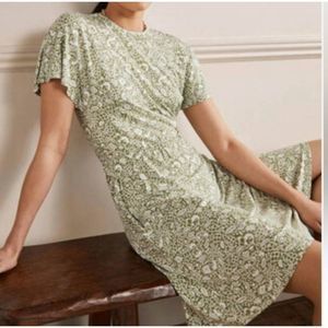 BODEN FLUTTER SLEEVE JERSEY DRESS IN PEA ORIENTAL PARADISE SIZE 12